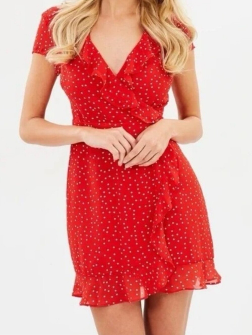 Bardot Red Polka Dot Ruffle Mini Wrap Dress Open Back US 8 M